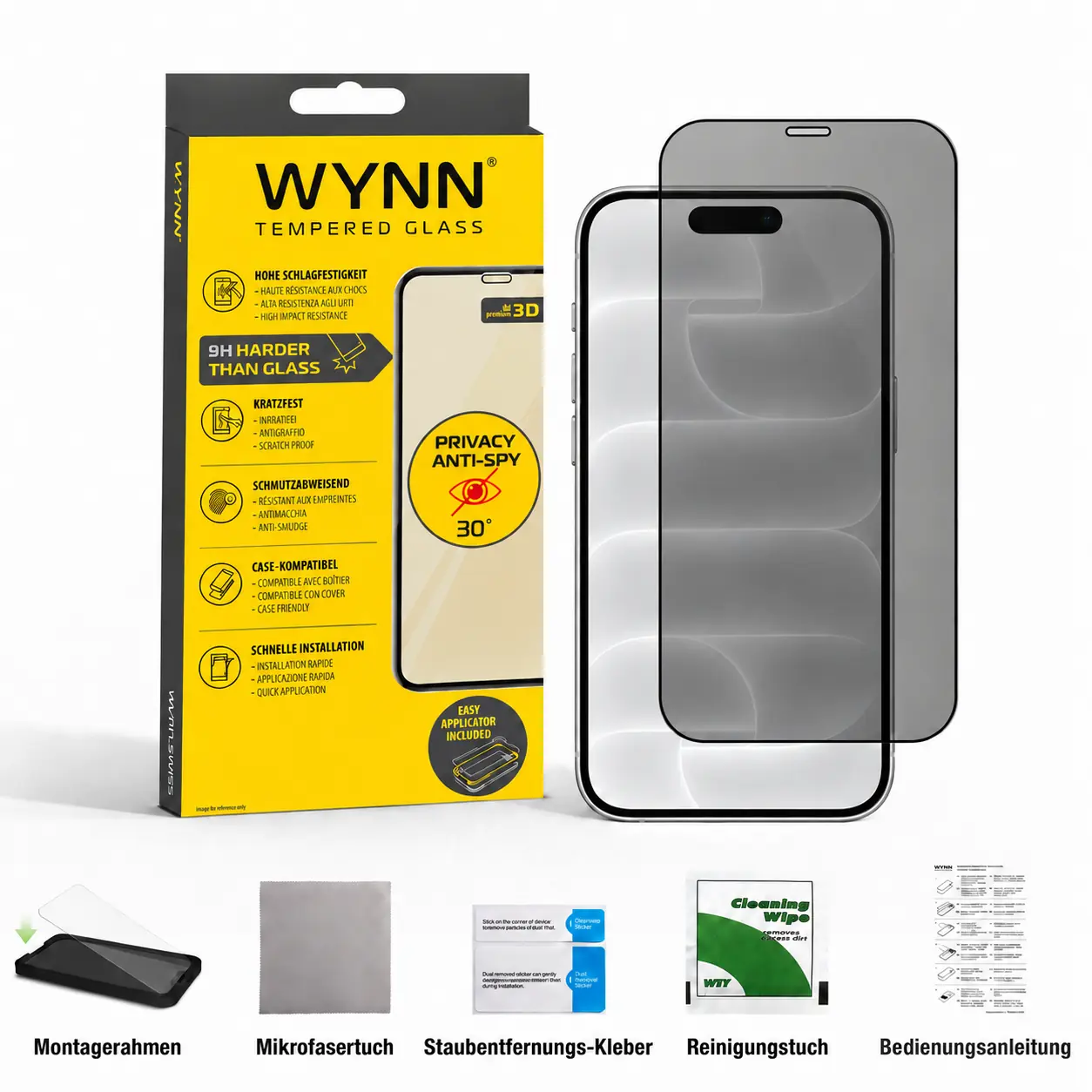 WYNN 3D Privacy Anti-Spy 30° Schutzglas für iPhone 18 Pro mit Montagerahmen