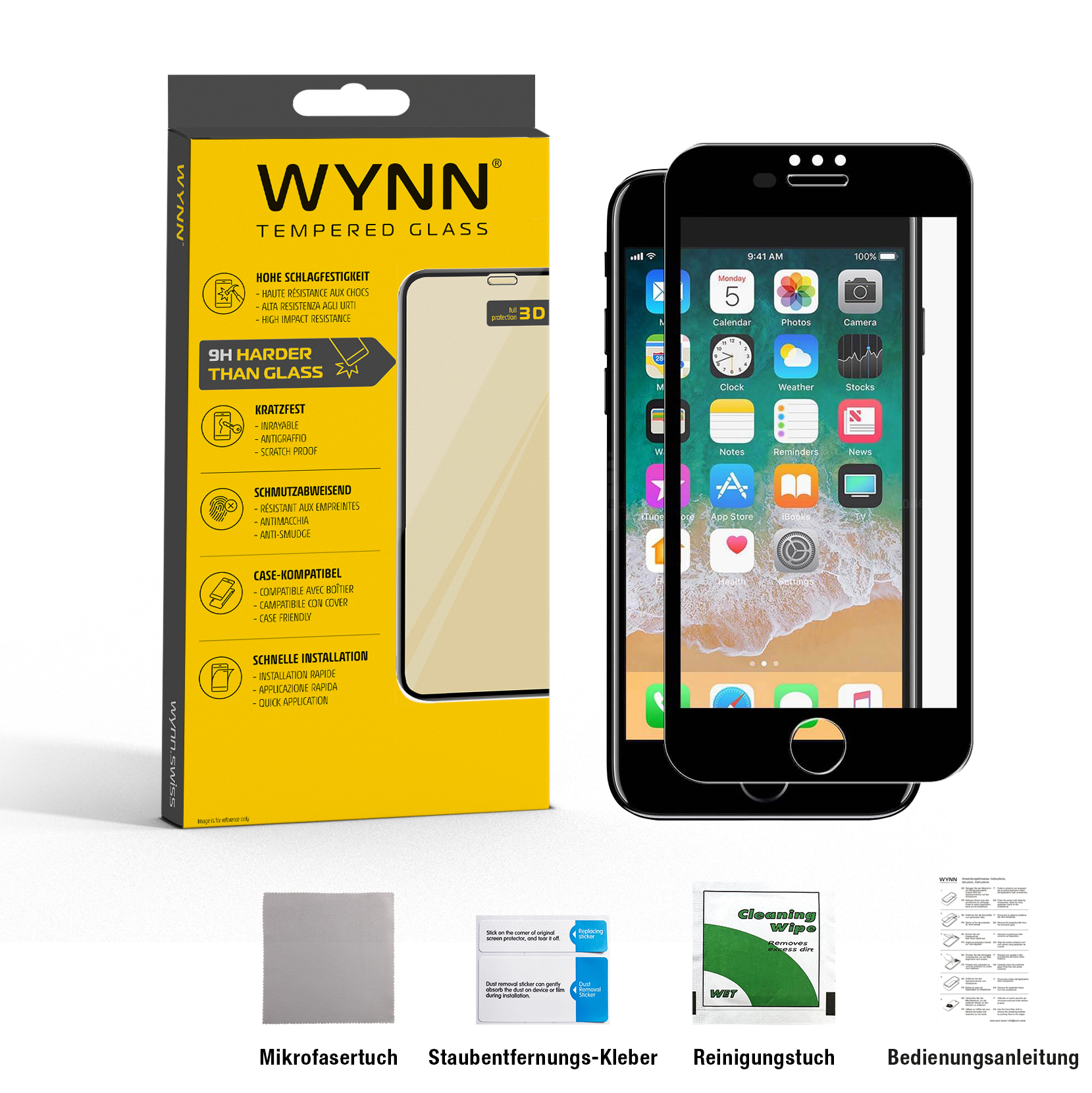 WYNN Sapphire 3D Curved Schutzglas iPhone 8 Plus/7 Plus/6s Plus (Black)