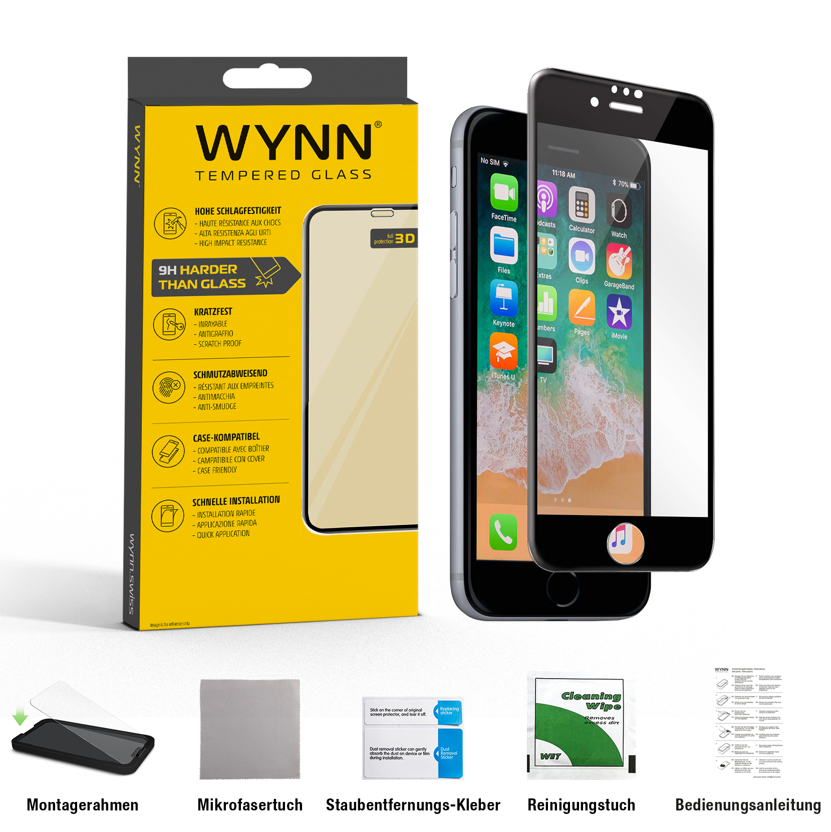WYNN iPhone  8/7/6s/6 (black) 3D Curved Schutzglas