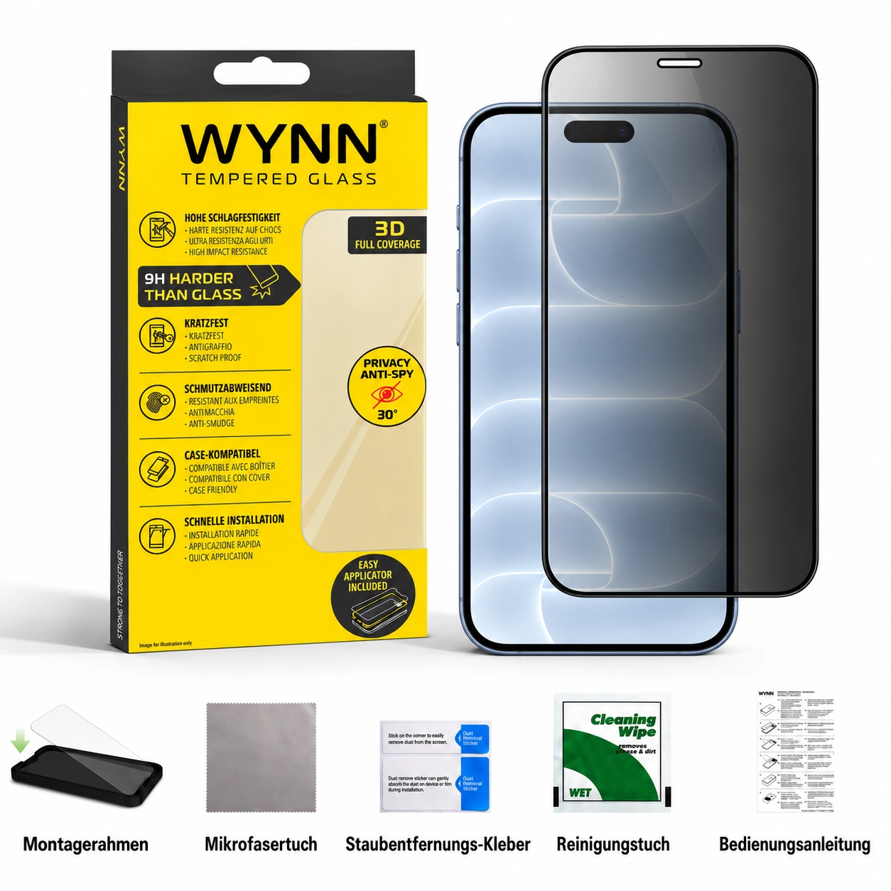 WYNN 3D Privacy Anti-Spy 30° Schutzglas für iPhone 18 Pro Max mit Montagerahmen